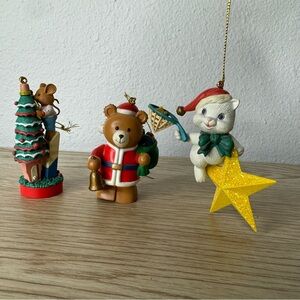 Animal Themed Christmas Ornament Set of 3 Vintage 90s Cat Mouse Bear School Star